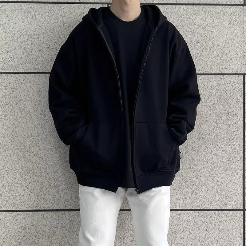 2024 American Cardigan Zipper Hooded Fleece-Lined Sweater Men'S Solid Color Loose All-Match Lazy Hoodie Trendy - Image 3